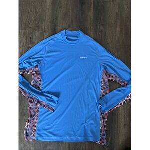 Simms SolarFlex Fishing Shirt Mens L Blue Tropical Fish Print Long Sleeve Raglan